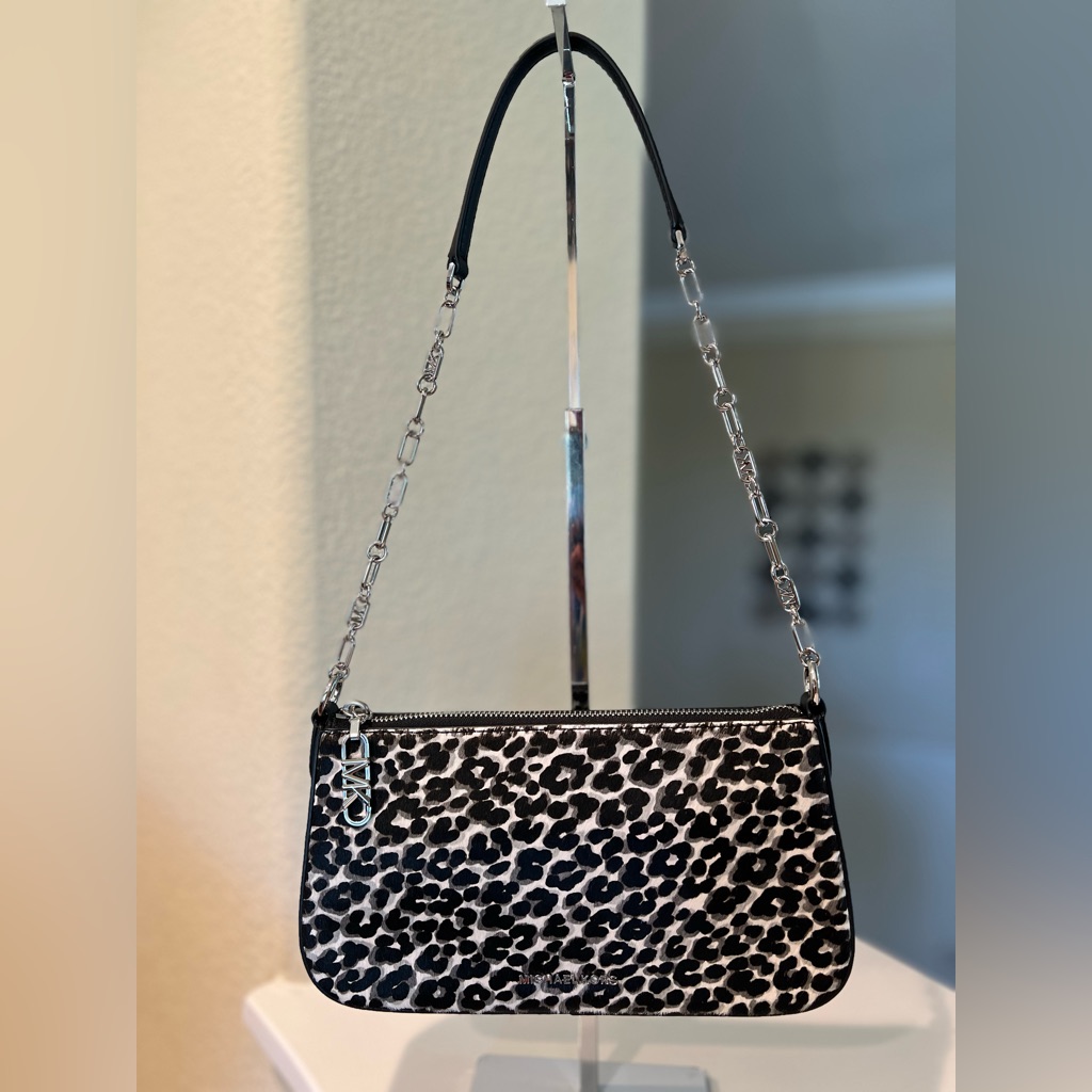 Michael Michael Kors Medium Chain Pouchette Black And White Animal Print Bag